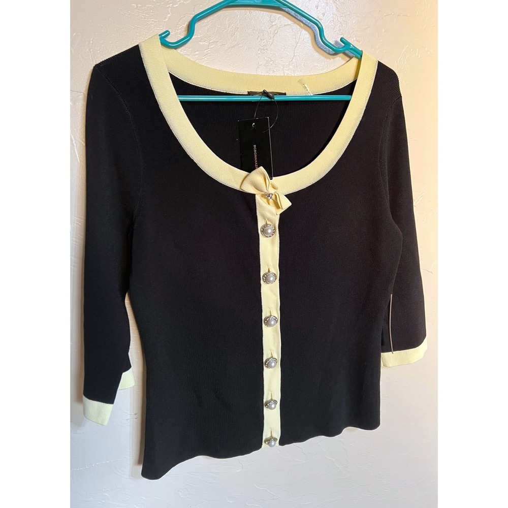 BCBGMAXAZRIA Black Yellow Contrast Trim Pearl Button Cardigan BC10503 Womens M - Picture 11 of 12